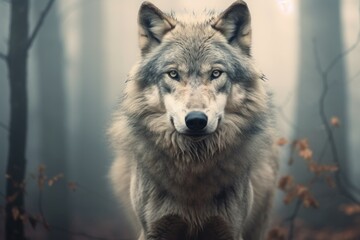 Serene gray wolf stands amidst a foggy woodland, embodying the wild's silent strength