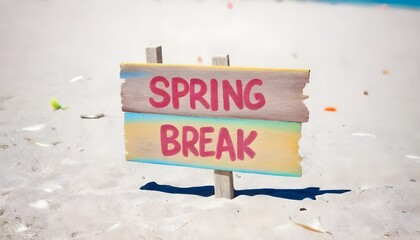 A wooden sign bearing the words Spring Break is placed in the sandy beach, standing out against the grainy backdrop