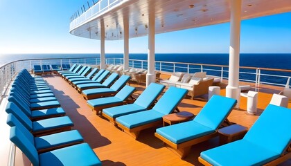 Fototapeta premium Blue lounge chairs arranged neatly on the deck of a cruise ship, overlooking the ocean