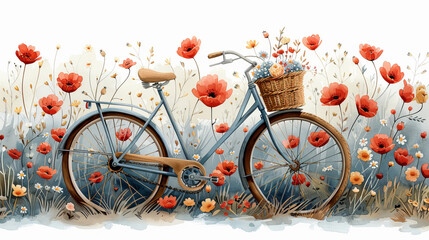 A bicycle with a basket full of flowers on white background.