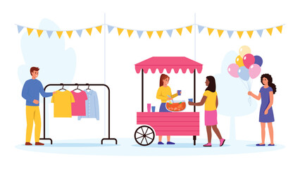 Vector illustration of a fair. Cartoon scene of fair with garlands, boy and girl selling: hangers with different clothes, drink with ice cubes, mint leaves, colored balls isolated on white background.