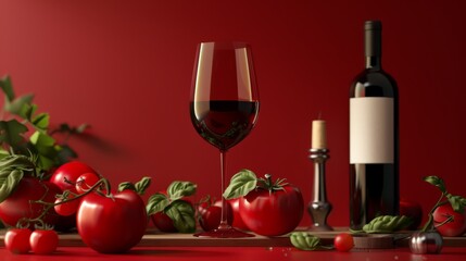 Red wine pour flat design front view elegant dining theme 3D render Complementary Color Scheme