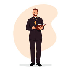 Vector illustration of a church priest. Cartoon scene of a handsome priest in a black suit with a golden cross on his neck, holding a bible isolated on a white background. The priest preaches.
