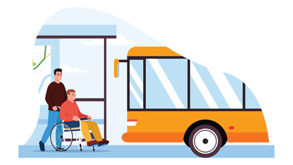Vector illustration of helping a man in a wheelchair to get into transport. Cartoon scene of a man helping a disabled person to board a trolleybus at a transport stop isolated on a white background.