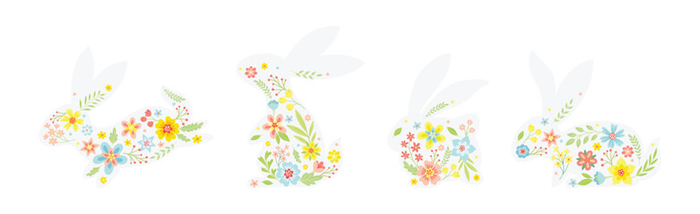 White Bunny Silhouette with Spring Flowers Vector Set
