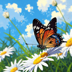 Vibrant Monarch Butterfly on Daisy Flowers in Sunny Sky