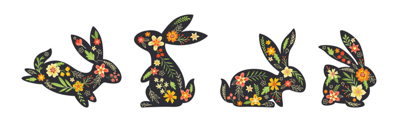 Black Bunny Silhouette with Spring Flowers Vector Set