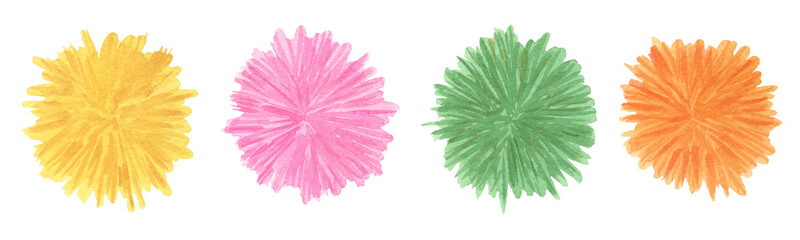 Obraz premium Realistic set of cute Pom Poms. Yellow, pink, green, and orange hairy balls pompons. Trend colors. Hand drawn watercolor illustration isolated on transparent. 
