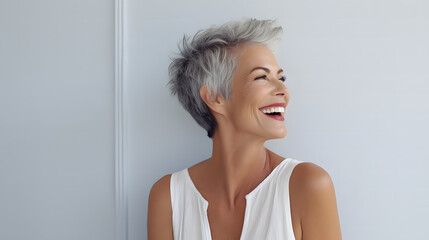 Fototapeta premium An elated senior woman with stylish gray hair expressing happiness. Portrait of beautiful middle aged woman with gray hair smiling and looking away