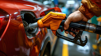 A person is captured in the act of fueling a red car with a yellow and black fuel nozzle in a service station