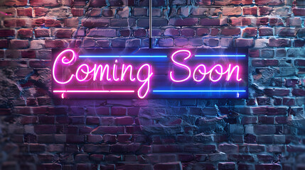 A striking neon sign with the words 'Coming Soon' set against a weathered brick wall, glowing in a vibrant pink and blue hue, invoking anticipation