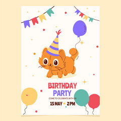 Birthday party invitation with cute cartoon  cat