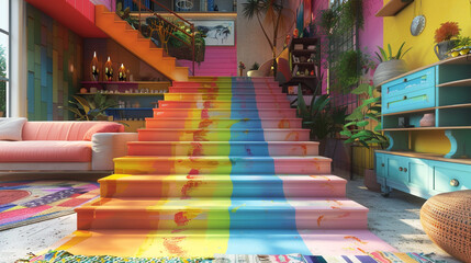 Eclectic home with a colorful painted staircase, each step a different hue, leading up to a vibrant, artistically decorated living area.