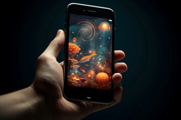 Hand holding a smartphone showing a vibrant underwater scene with fish and corals