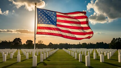 American national flags with headstones national cemetery of Memorial day display. Concept of Independence day, Memorial day, national holiday