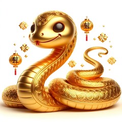 3d chinese happy gold snake with happy face, lunar new year theme, white background