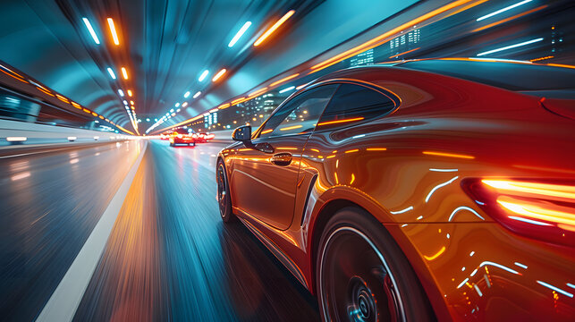 A dynamic image capturing a shiny car speeding through a vibrant, illuminated city tunnel, showcasing motion blur and urban nightlife