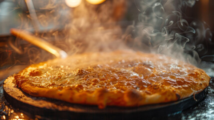 Steaming pizza on cast iron pan