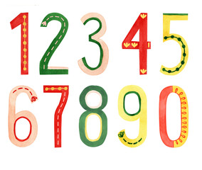 Watercolor funny numbers. Red, orange, green, yellow, beig, peach fuzz texture. 0123456789. Cute hand-drawn illustration isolated on transparent for your design.	