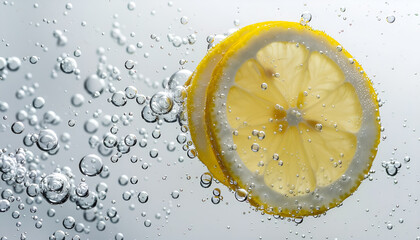 Lemon slice in water with bubbles on white background