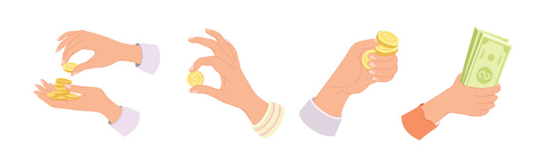 Hand Holding Money with Dollar Banknote and Coins Vector Set
