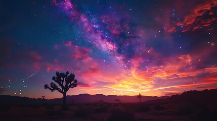 Naklejka premium Amazing sunset in the middle of the desert with a big cactus in the foreground and a beautiful starry sky with vibrant colors.
