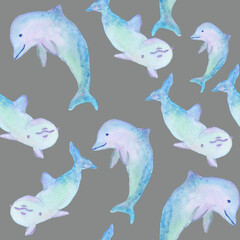 two dolphins with different angles and emotions seamless pattern watercolor illustration isolated on gray background for design of notepads and fabric notepads.