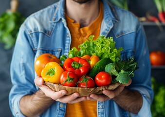 Man in Denim Jacket Holding Fresh Organic Vegetables in Wooden Bowl