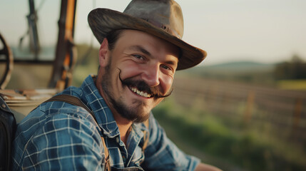 A happy man rides in a tractor across a field and works

