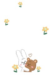 cute teddy bear and bunny with yellow flowers border frame in white background. illustration card.