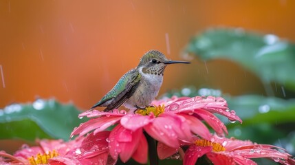 Obraz premium Juvenile Ruby-Throated Hummingbird Perched on Rain-Drenched Pink Flowers with Vivid Orange Background
