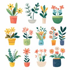 Assorted Potted Houseplants and Flowers Illustration Set for Home Decor