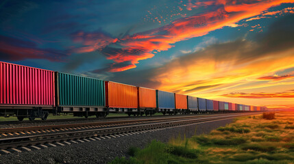 Fototapeta premium Train freight carrying cargo of shipping container, Import export goods transportation concept
