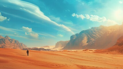 This is a landscape photograph of a vast desert with a man walking in the distance. - Powered by Adobe