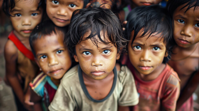 Diverse sad poor hungry  children  looking at camera