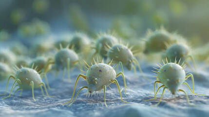 Microscope view of a bed bugs or mites. Macro view of an enlarged mites on the bed linen. 