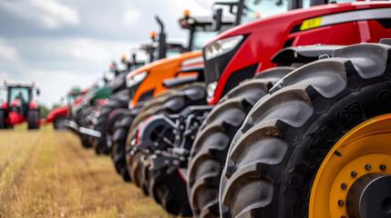 multi-colored tractors stand in a row on the field, ready to work