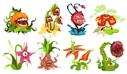 Obraz premium Evil carnivorous plants. Botanical scary monsters, fairytale toothy predatory flora, angry ugly flowers, fantasy characters. Creepy alien cartoon flat isolated illustration, tidy vector set
