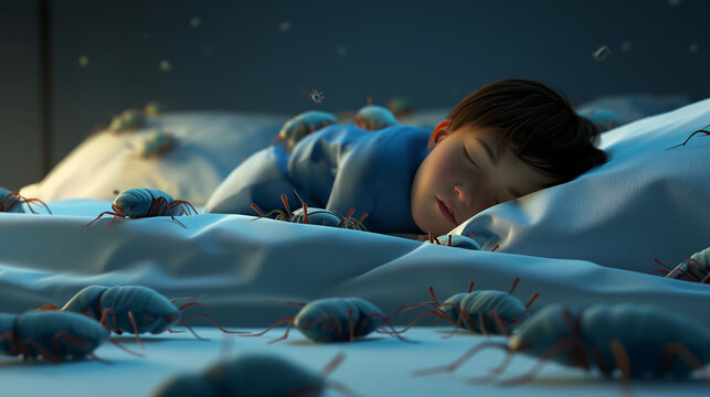 Bed bugs or mites crawling on the bed linen, where child is sleeping. Cartoon image of enlarged bed bugs.
