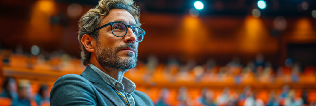 Mature man pondering in conference hall.