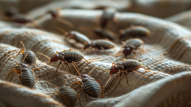 Microscope view of a bed bugs or mites. Macro view of an enlarged mites on the bed linen. 