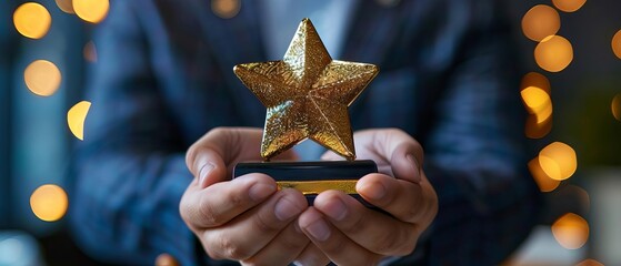 Presentation of a golden star trophy by a business person, with a focus on detail against a blurred background