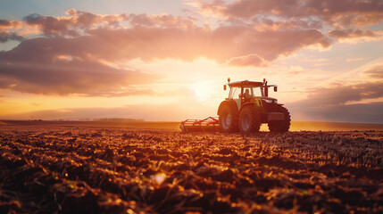 Fototapeta premium A red combine harvester drives through a field and collects wheat at sunset