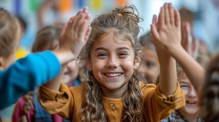 Happy Group of Diverse School Children Raising Hands in Classroom