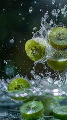 Lime slices amidst water droplets, dark green backdrop