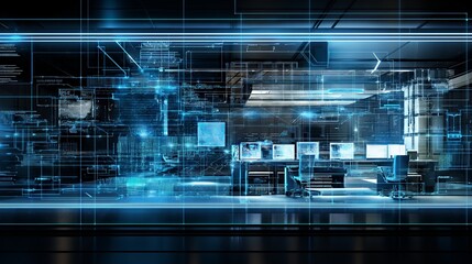 Futuristic computer lab blueprint: industrial precision in blue hues on black