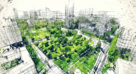 Urban oasis: aerial sketch of green cityscape architectural design