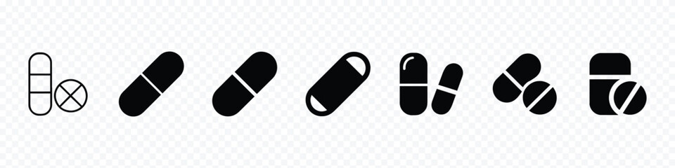 Pills icon, capsule icon. Drug sign and symbol, medical pills and bottles icons set, Pills icons, medicament icon set. Pills and capsules icon set, Drugstore. Medicine bottle and pills.