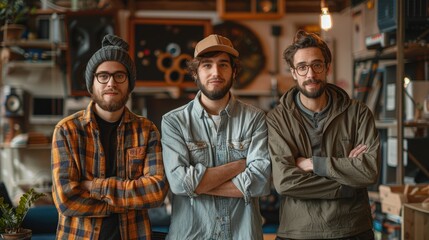 Three Stylish Young Men Standing Confidently in a Creative Workshop Environment