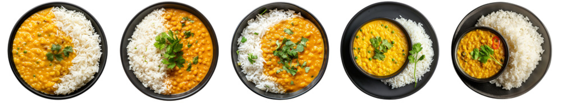 Assorted Indian Food, Dal tadka fried with boiled rice, Daal chawal, spinach lentil with rice, curry bowl, top view, isolated transparent png